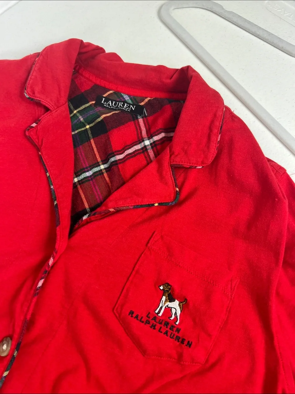 LRL Sz XL Pajama Set Red Embroidered Dog Plaid Trimmed Red Cotton